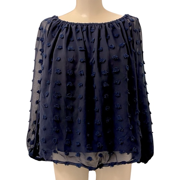 Navy dotted flowy off shoulder long sleeve blouse, size L, new - Picture 5 of 8